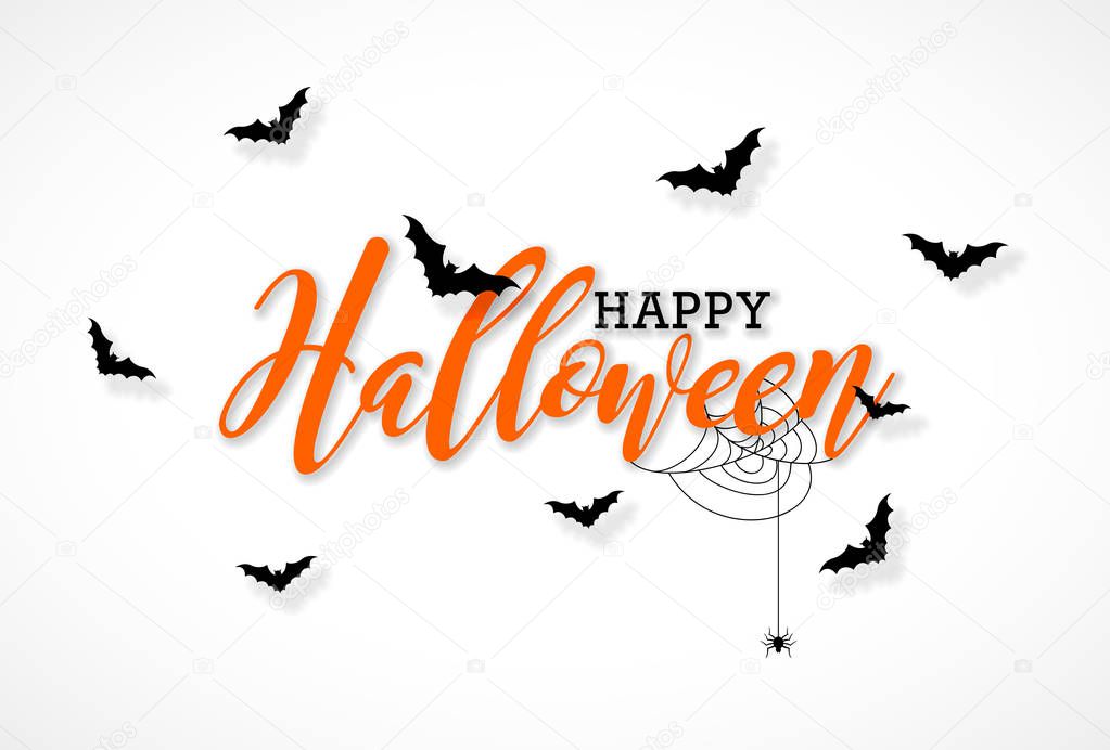 Happy Halloween vector illustration with typography lettering, flying bats and spider on white background. Holiday design for greeting card, banner, celebration poster, party invitation.