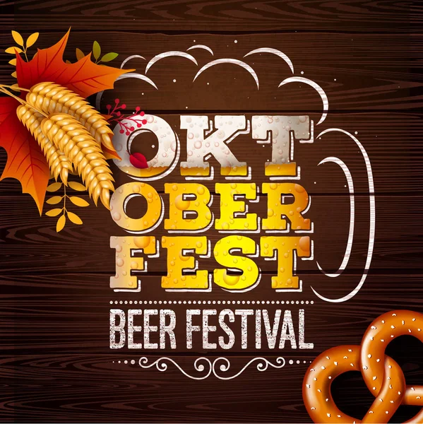 Oktoberfest bannert ábra friss sör tipográfia betűkkel a szüreti fa háttér. Vektor hagyományos német sör fesztivál Design perec, búza, őszi levelek, a üdvözlés — Stock Vector