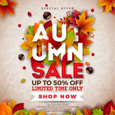 Düşen yaprakları ve açık renkli harflerle sonbahar satış tasarımı. Kupon, fiş, afiş, el ilanı, posteri için özel indirim Tipografi elemanları ile sonbahar vektör çizim veya