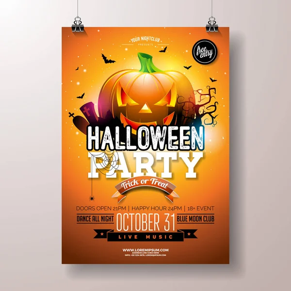 Halloween Party flyer vetor ilustração com abóbora assustador rosto no fundo laranja. Modelo de design de férias com aranhas, cemitério e morcegos voadores para convite do partido, cartão de saudação, banner ou — Vetor de Stock