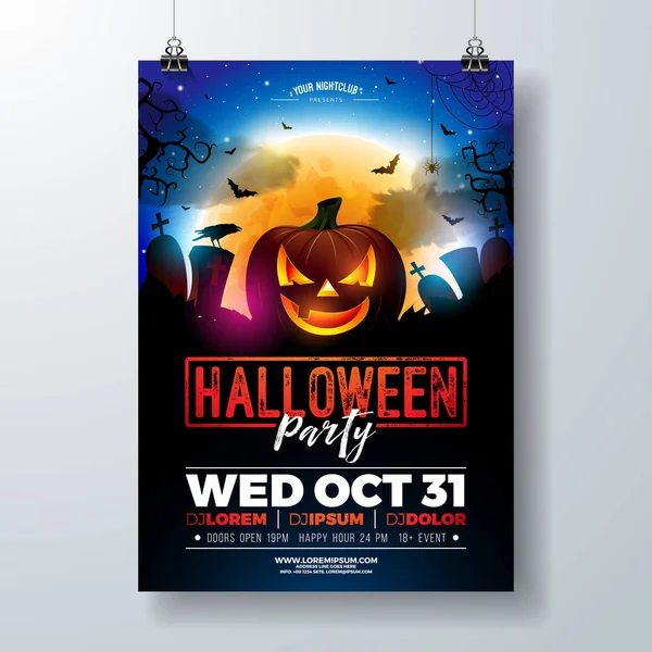 Halloween Party flyer vectorillustratie met enge geconfronteerd pompoen op mysterieuze maan achtergrond. Vakantie ontwerpsjabloon met crow, spinnen, begraafplaats en vliegende vleermuizen voor uitnodiging voor feest, groet — Stockvector