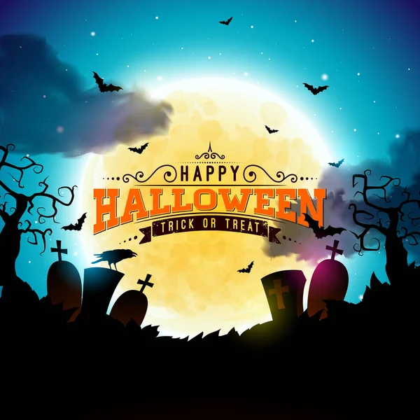 Happy Halloween banner afbeelding met maan, vliegende vleermuizen, kist en zombie hand op blauwe nacht hemelachtergrond. Vector vakantie ontwerpsjabloon met typografie belettering en begraafplaats voor wenskaart — Stockvector