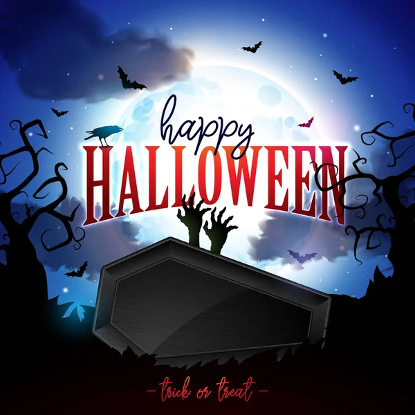 Happy Halloween banner illustration med månen, flygande fladdermöss, Kista och zombie handen på blå natt himmel bakgrund. Vector Holiday formgivningsmall med typografi bokstäver och kyrkogård för gratulationskort — Stock vektor