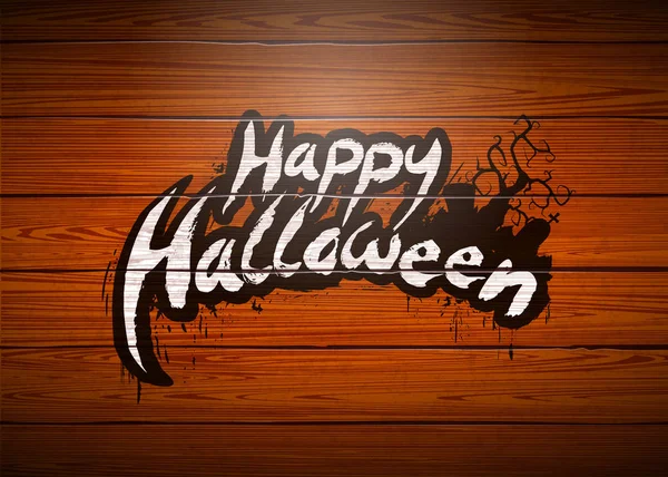 Feliz ilustração vetorial de Halloween com letras tipográficas e cemitério no fundo de madeira vintage. Design de férias para cartão de saudação, banner, cartaz de celebração, convite do partido . — Vetor de Stock