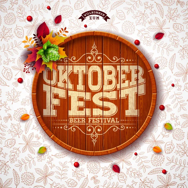 Oktoberfest ilustración con tipografía sobre barril de cerveza. Hop y caída de hojas de otoño sobre fondo de patrón de garabato ligero. Diseño vectorial de vacaciones para tarjeta de felicitación, banner o volante. Celebración — Archivo Imágenes Vectoriales