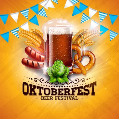 Oktoberfest afiş illüstrasyon taze bira, buğday ve parlak sarı zemin üzerine Hop. İçin vektör geleneksel Alman bira festivali tasarım şablonu ile Bavyera parti bayrağı ve sonbahar yaprakları