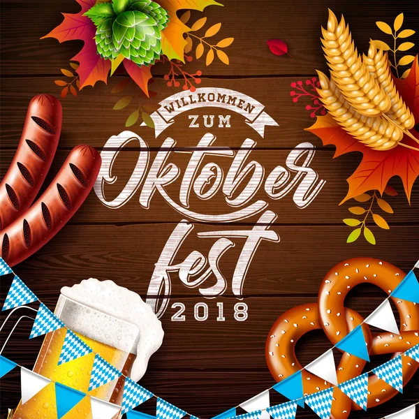 Oktoberfest-Banner-Illustration mit Typografie-Schriftzug und frischem Bier auf Vintage-Holz-Hintergrund. Vektor traditionelles deutsches Bierfestdesign mit Weizen, Brezel, Wurst, Hopfen und Herbstblättern — Stockvektor