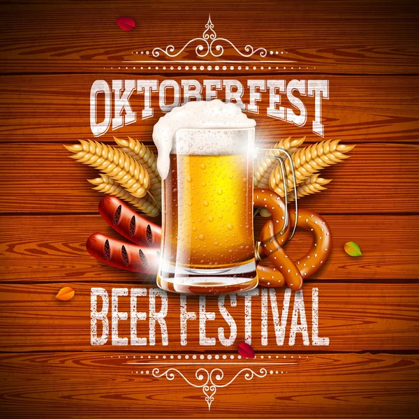 Oktoberfest Banner Illustrazione con tipografia Lettering e birra fresca su sfondo Vintage Wood. Vector Traditional German Beer Festival Design con grano, pretzel, salsiccia e foglie d'autunno per — Vettoriale Stock