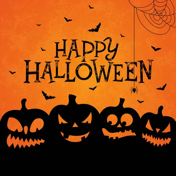 Happy Halloween banner illustration med skrämmande inför pumpor och flygande fladdermöss på orange bakgrund. Vector Holiday formgivningsmall med typografi bokstäver för gratulationskort, flygblad, firande — Stock vektor