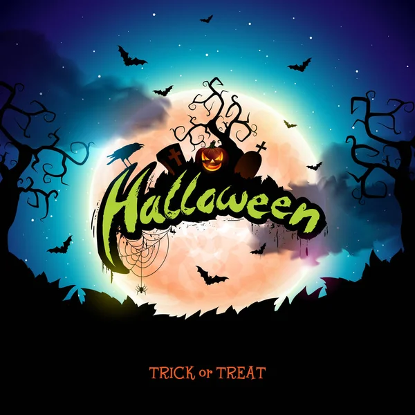 Happy Halloween banner illustration med månen, flygande fladdermöss och pumpa hand på blå natt himmel bakgrund. Vector Holiday formgivningsmall med typografi bokstäver och kyrkogård för gratulationskort, flygblad — Stock vektor