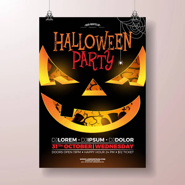 Halloween Party wektor ilustracji ulotki ze straszną twarzą na czarnym tle. Szablon świąteczny z cmentarzem na zaproszenie strony, kartka okolicznościowa, baner lub plakat uroczystości. — Wektor stockowy