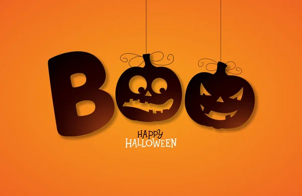 Boo, turuncu arkaplanda tipografi yazan Cadılar Bayramı tasarımın kutlu olsun. Tebrik kartı, el ilanı, kutlama posteri veya parti daveti için vektör tatil tasarımı şablonu. — Stok Vektör