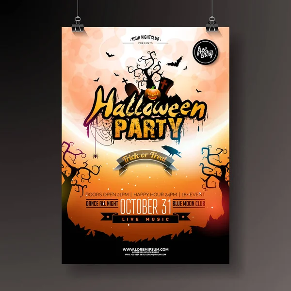 Halloween Party flyer vetor ilustração com abóbora e morcegos no fundo da lua misteriosa. Modelo de design de férias com aranhas e cemitério para convite do partido, cartão de saudação, banner ou — Vetor de Stock