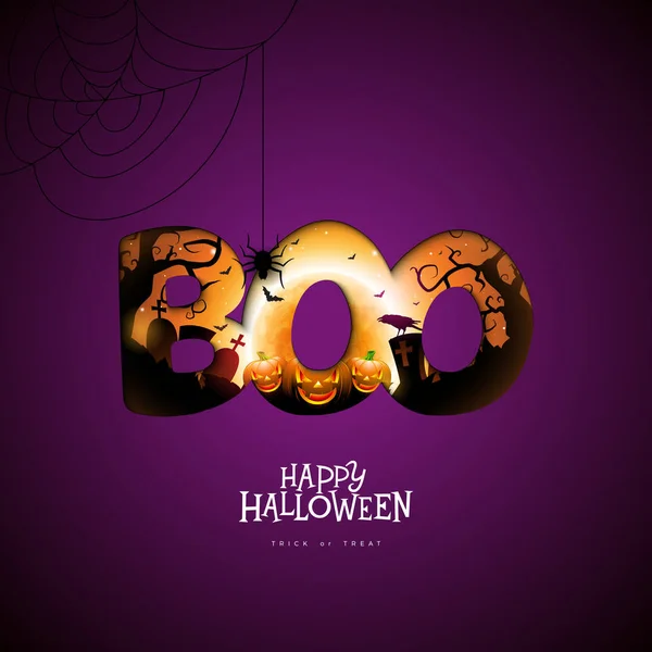 Boo, Feliz diseño de Halloween con calabaza, luna y murciélagos voladores en tipografía letras sobre fondo púrpura oscuro. Vector Plantilla de diseño de vacaciones con cementerio para tarjeta de felicitación, volante, celebración — Archivo Imágenes Vectoriales