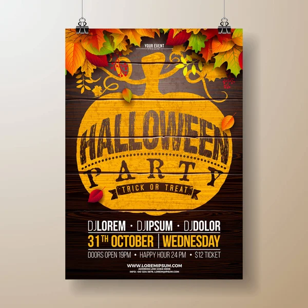 Halloween Party flyer illustration avec des feuilles d'automne et typographie lettrage en citrouille sur fond de bois vintage. Modèle vectoriel de conception de vacances avec pour invitation de fête, carte de voeux, bannière ou — Image vectorielle