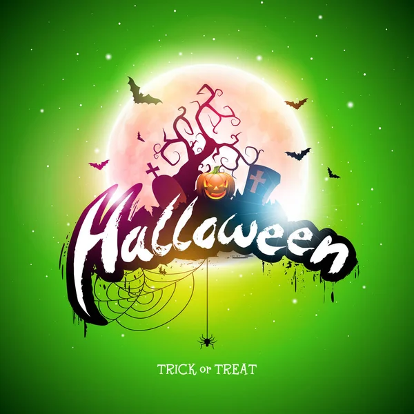 Boldog Halloween illusztráció, a Hold, a repülő denevérek és tök kézzel zöld háttér. A vektoros betűk tipográfia és temető, üdvözlőlap, szórólap, banner Holiday tervezősablon — Stock Vector