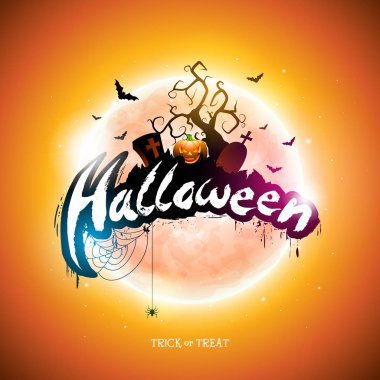 Mutlu Cadılar Bayramı illüstrasyon moon, turuncu arka plan üzerinde uçan yarasalar ve kabak el ile. Tatil tasarım şablonu tipografi yazı ve tebrik kartları, el ilanı, afiş için mezarlığı ile vektör