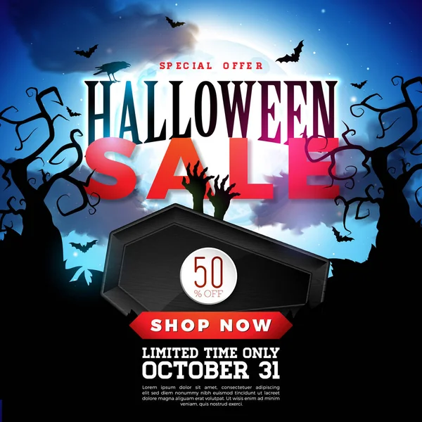 Halloween Vendita vettoriale banner illustrazione con bara e zombie mano su sfondo blu. Design natalizio con tipografia lettering per offerta, coupon, celebrazione, voucher o poster promozionale. — Vettoriale Stock