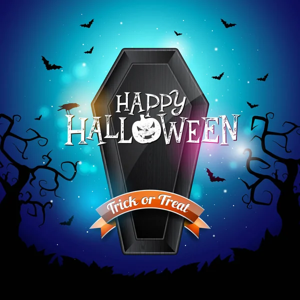 Happy Halloween banner afbeelding met vliegende vleermuizen en kist op blauwe nacht hemelachtergrond. Vector vakantie ontwerpsjabloon met typografie belettering voor wenskaart, flyer, affiche feest of — Stockvector