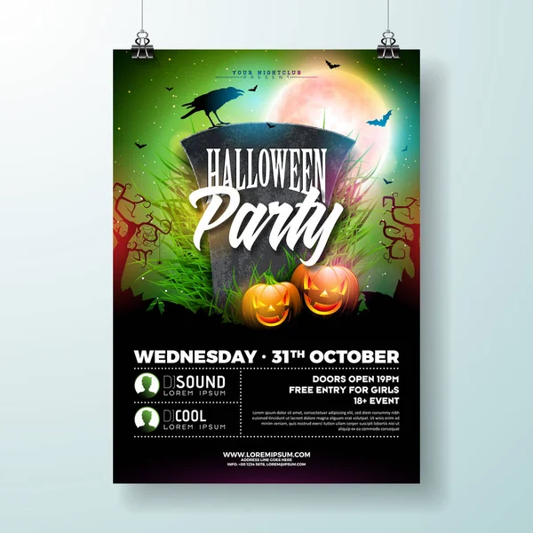 Halloween Party flyer illustration vectorielle avec pierre tombale et effrayant visage citrouille sur fond vert. Modèle de conception de vacances avec corbeau et chauves-souris volantes pour invitation de fête, carte de vœux, bannière ou — Image vectorielle