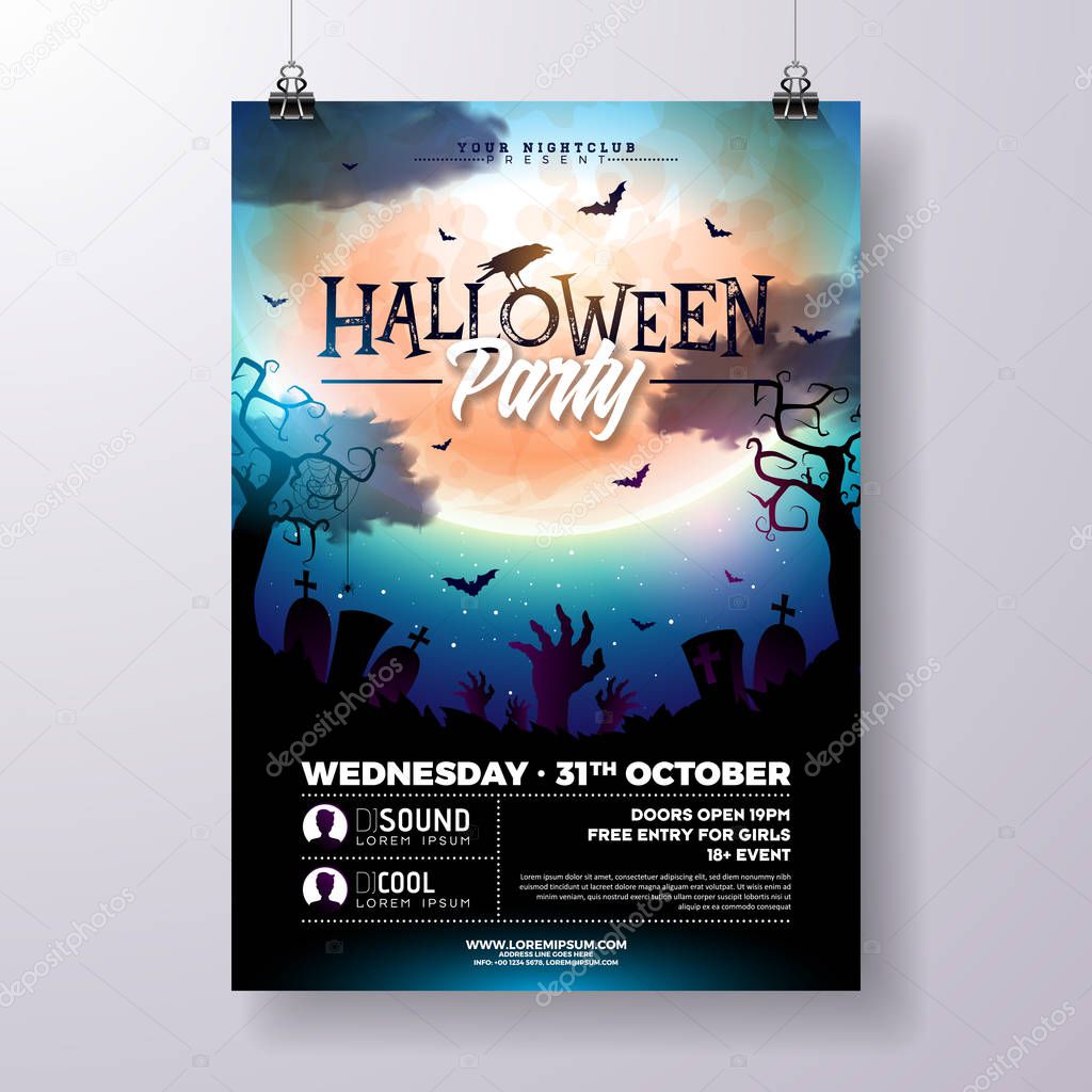 Halloween Party flyer vector illustration with zombie hands and flying bats on mysterious moon background. Holiday design template with spider and cemetery for party invitation, greeting card, banner