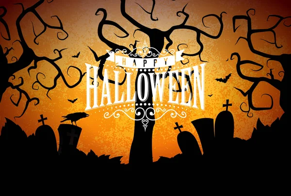 Happy Halloween banner afbeelding met crow op oranje nacht hemelachtergrond en begraafplaats. Vector vakantie ontwerpsjabloon met typografie belettering voor wenskaart, flyer, affiche feest of — Stockvector