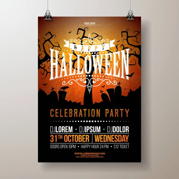 Halloween Party flyer vector illustration with cemetery on red background. Holiday design template with crow and flying bats for party invitation, greeting card, banner or celebration poster. — Stock Vector