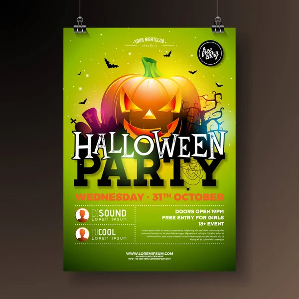 Halloween Party flyer vetor ilustração com abóbora rosto assustador no fundo verde. Modelo de design de férias com corvo, aranhas, cemitério e morcegos voadores para convite do partido, cartão de saudação, banner — Vetor de Stock