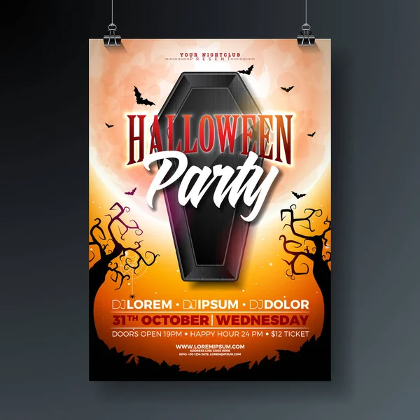 Halloween Party flyer vetor ilustração com caixão preto e morcegos voadores no fundo da lua laranja. Modelo de design de férias para convite do partido, cartão de saudação, banner ou cartaz de celebração . — Vetor de Stock