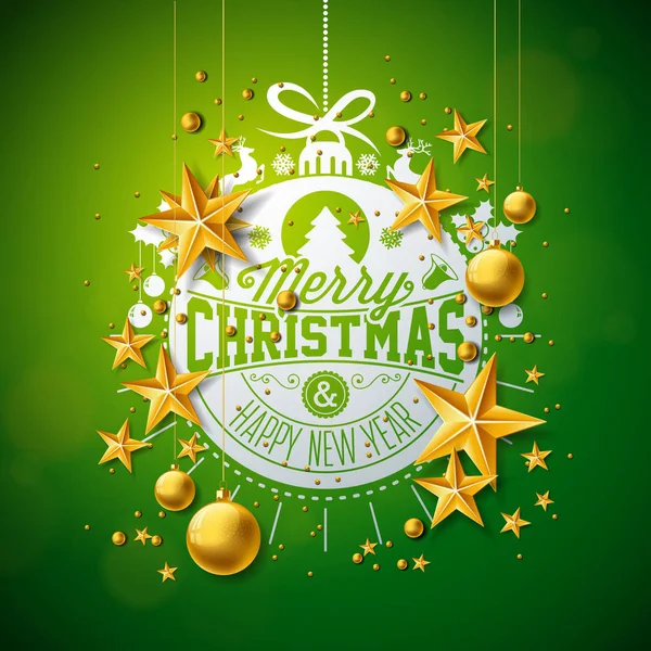 Веселая рождественская иллюминация с золотым стеклянным шаром, звездами и шрифтами на зеленом фоне. Векторный праздничный дизайн поздравительной открытки, приглашения на вечеринку или рекламного баннера. — стоковый вектор