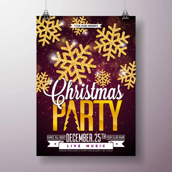 Christmas Party Flyer Illustration med glänsande guld snöflingor och typografi bokstäver på mörk bakgrund. Vector semester firande affisch designmall för inbjudan eller Banner. — Stock vektor