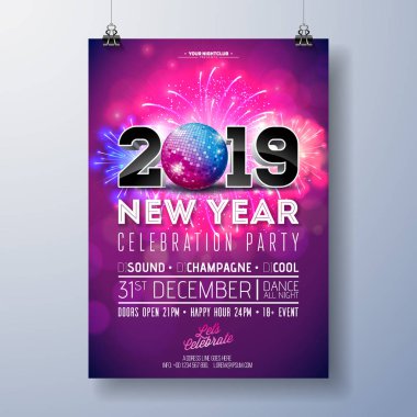 Yeni Yıl Partisi Kutlama Poster Şablonu İllüstrasyonunda 3d 2019 Numara, Disko Topu ve Parlak Renkli Arkaplan üzerine Havai fişek. Vector Holiday Premium Davet Pilotu veya Promo Banner.