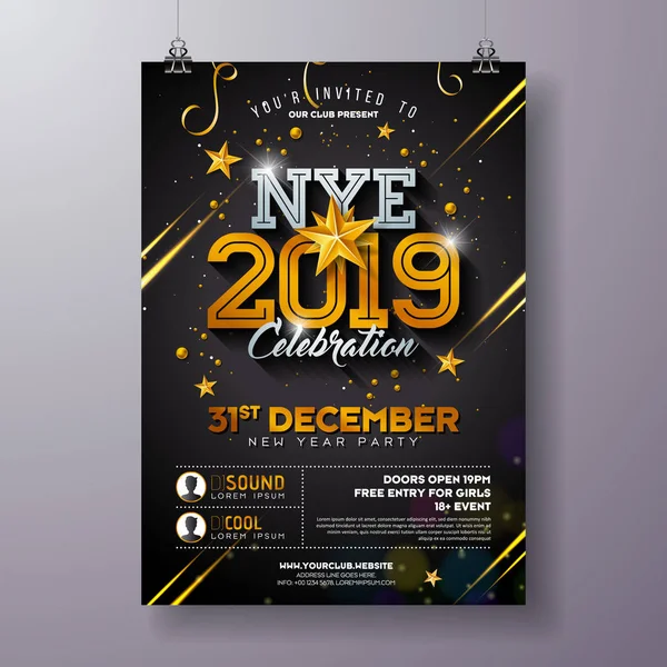 2019 Nieuwjaars Party feest Poster sjabloon illustratie met glanzend gouden nummer op zwarte achtergrond. Folder voor de uitnodiging van vector vakantie-Premium of Promo Banner. — Stockvector