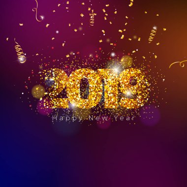 2019 Mutlu Yıllar. Parlak parlayan sayısıyla ve koyu arkaplana düşen konfetiyle. Broşür, tebrik kartı, afiş, kutlama posteri, parti davetiyesi veya takvim için tatil tasarımı.