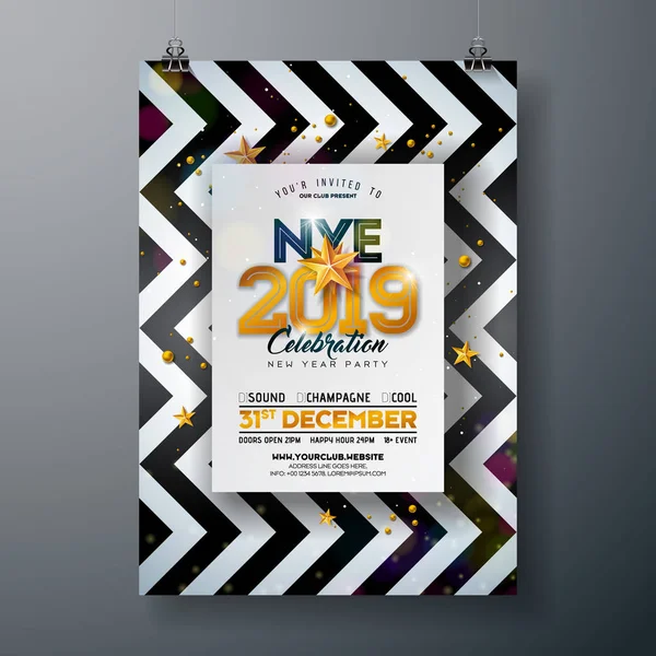 2018 New Year Party Celebration Poster Template Illustration with Shiny Gold Number on Abstract Fekete-fehér háttér. Vector Holiday Premium meghívó szórólap vagy Promo Banner. — Stock Vector