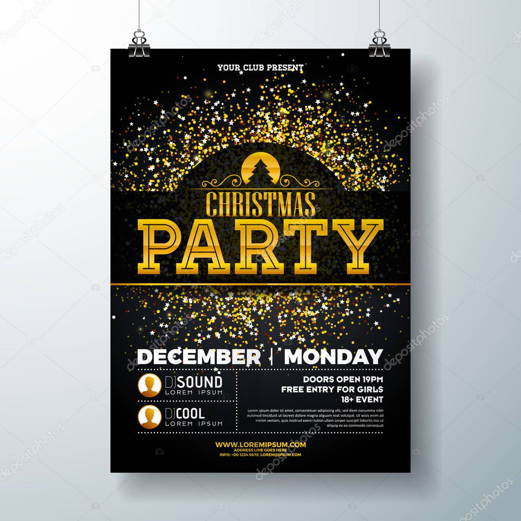 Merry Christmas Party Poster Design Template with Gold Glitter and Holiday Typography Elements on Black Background. Vector Holiday Celebration Plyer Illustration for Invitation or Banner.