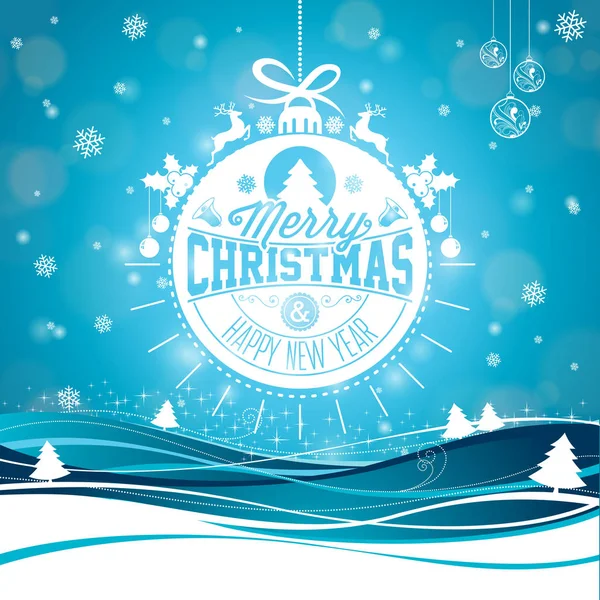 Merry Christmas illustration med typografi och prydnad dekoration på vintern landskap bakgrund. Vector Holiday Design för gratulationskort, inbjudan till fest eller Promo Banner. — Stock vektor