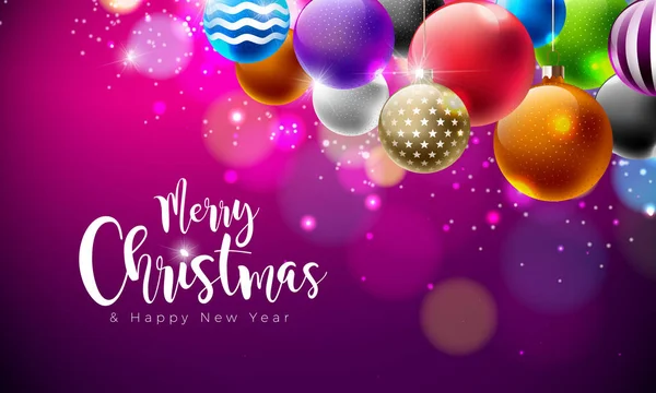 Joyeux Noël Illustration avec des boules décoratives multicolores sur fond violet brillant. Conception vectorielle de bonne année pour carte de vœux, affiche ou bannière. — Image vectorielle