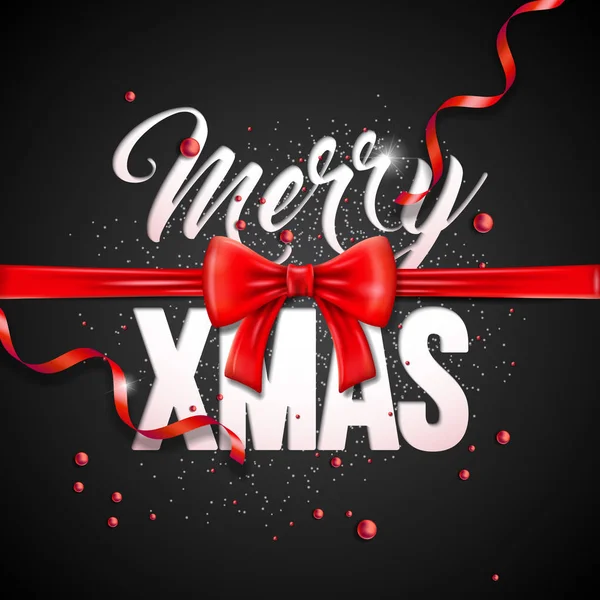 Merry Christmas illustratie met rode boog lint, Serpentine en typografie elementen op zwarte achtergrond. Vector vakantie ontwerp voor de wenskaart, uitnodiging voor feest of Promo Banner. — Stockvector