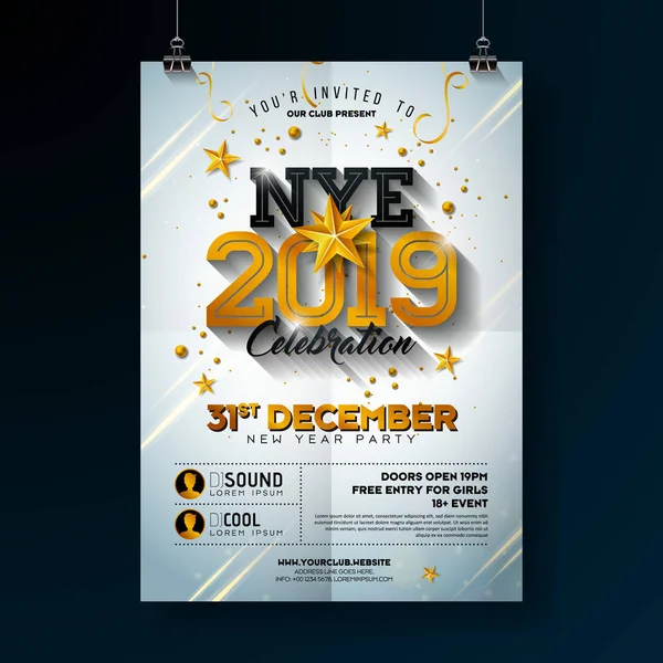 2019 Újévi party ünneplés Plakát sablon Illusztráció fényes arany szám fehér háttér. Vector Holiday Premium meghívó szórólap vagy Promo Banner. — Stock Vector