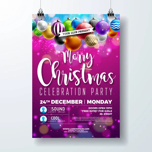 Buon Natale partito Flyer Design con Holiday Typography Lettering e palline ornamentali multicolore su sfondo lucido. Modello di illustrazione del poster per celebrazione vettoriale per invito o banner. — Vettoriale Stock