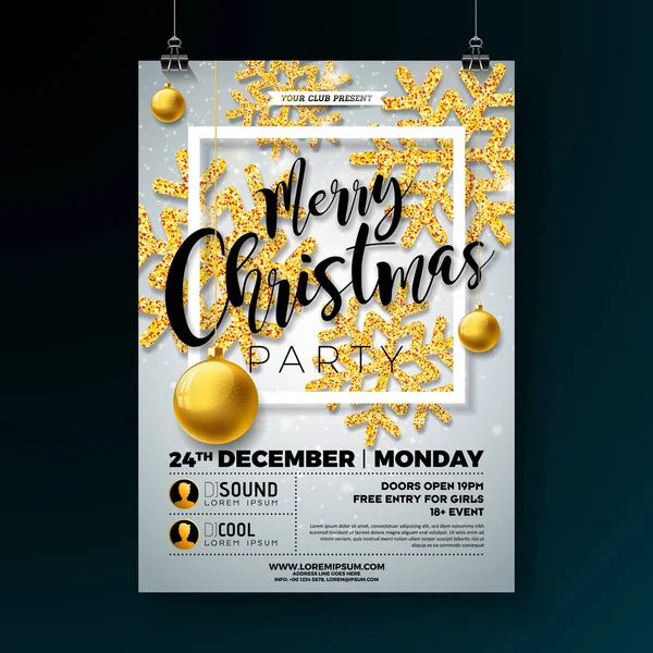 Julfest Flyer Illustration med skimrande guld glittrande snöflingor och typografi bokstäver på vit bakgrund. Vector Holiday Celebration affisch design mall för inbjudan eller Banner. — Stock vektor