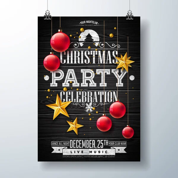 Christmas Party Flyer Illustration with Gold Star, Red Ornamental Ball and Typography Lettering on Vintage Wood Background. Vector Celebration Poster Design Template for Invitation or Banner. — Stock Vector