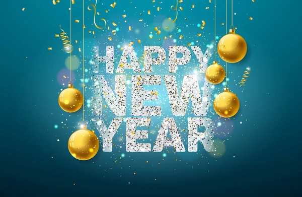 Ευτυχισμένο το νέο έτος εικόνα με λαμπερά έλαμπαν τυπογραφία γράμματα, χρυσά Χριστούγεννα μπάλα και πτώση κομφετί σε μπλε φόντο. Διάνυσμα διακοπές σχέδιο για ευχετήρια κάρτα, banner, φέιγ βολάν, γιορτή — Διανυσματικό Αρχείο
