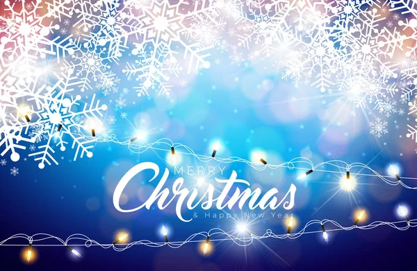 Καλά Χριστούγεννα Εικονογράφηση σε λαμπερό φόντο νιφάδα χιονιού με τυπογραφία και πολύχρωμα φώτα διακοπών Garland. Διάνυσμα Καλή Χρονιά. — Διανυσματικό Αρχείο