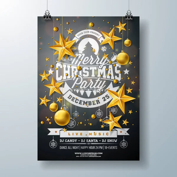 圣诞派对的飞行设计与假日字体租赁，明星和装饰球的黑色背景。矢量庆祝海报设计邀请函或横幅模板. — 图库矢量图片