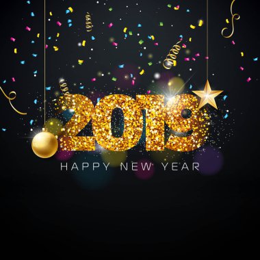 2019 happy New Year illüstrasyon parlak altın ışıltılar numarası ve Noel topu ile koyu arka plan üzerinde. Tatil el ilanı, tebrik kartı, afiş, kutlama poster, yeni yıl eğlencesi daveti için tasarım veya