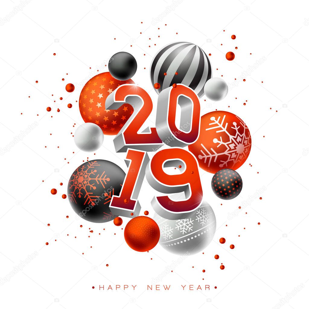 2019 Happy New Year illustration with 3d typography lettering and Christmas ball on white background. Holiday design for flyer, greeting card, banner, celebration poster, party invitation or calendar.