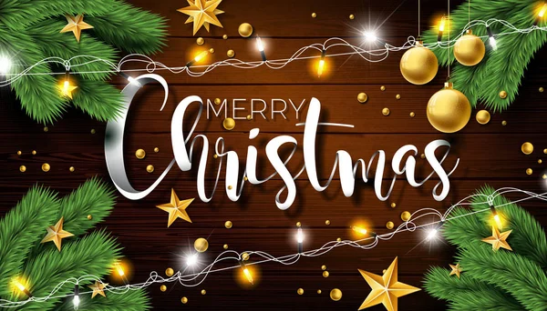 用金玻璃球、松木分枝和古木背景字体元素的圣诞快乐图解。贺卡、派对邀请函或宣传单的病媒假日设计. — 图库矢量图片
