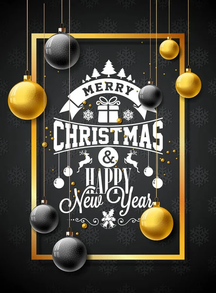 Feliz Navidad Ilustración con bola de cristal de oro, estrella y elementos de tipografía sobre fondo negro. Diseño de vacaciones vectorial para tarjeta de felicitación, invitación de fiesta o banner promocional . — Vector de stock